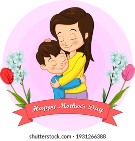 Happy mother's day card. Cute little boy hugging her mother