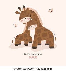 Happy Mother's Day card with cute giraffe. Vector illustration
