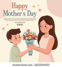 Happy mother's day card with cute boy giving a bouquet of flowers to his mother vector illustration