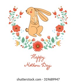 Happy Mothers day card with cute rabbits mom and kid. vector illustration