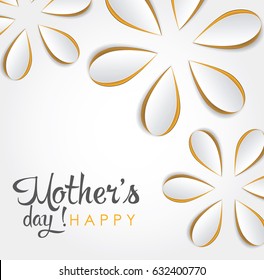 Happy mother's day card. Cutout paper flowers on white background. Congratulation and greeting for Mom. Creative poster, banner, advertisement, flyer with blossom. Template with space for design