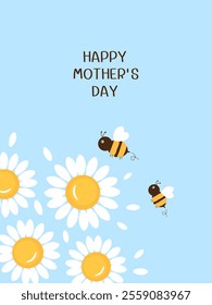 Happy mother's day card with daisy chamomile flower and bee cartoons on blue background vector.