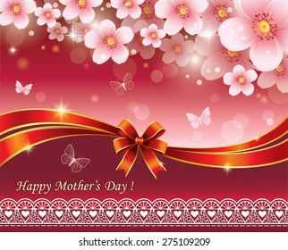 Happy Mother's Day card. Decorations, flowers, bows, ribbon on a red background.