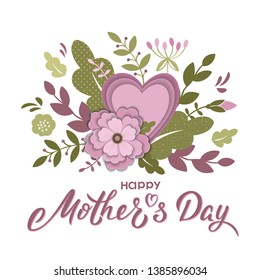Happy Mother's day card design in purple and green with hand lettering text and flowers, branches, heart. Mothers day vector sign for card, invitation, poster, banner, email, web pages, greeting card