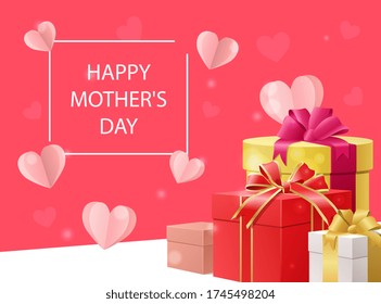 Happy Mothers Day card design with decorative gifts and floating hearts around text in a simple frame over pink, colored vector illustration