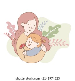 
Happy Mother's Day ! Mothers day card design with mother holding her child. Hand drawn vector illustration set.  carnation, greeting card, love mom, thank you.
