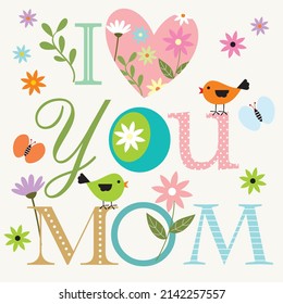 Happy mother's day card design with text, bird and flower