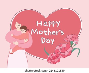 Happy Mother's Day ! Mothers day card design with mother holding her child. Hand drawn vector illustration set.  carnation, greeting card, love mom, thank you.