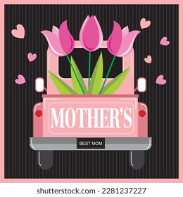 Happy mother's day card design with tulips on the car