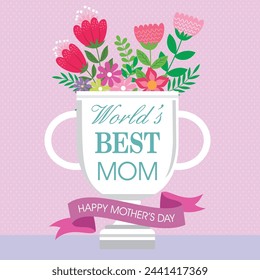 Happy mother's day card design with flowers on the trophy