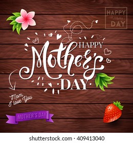 Happy Mothers Day card design from a child with inspirational loving text and greeting over a rustic wood panel with tropical strawberry and frangipani flower, purple banner below