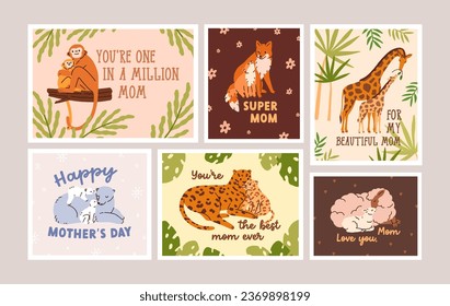 Feliz Día de la Madre, diseños de cartas listos. Familias de animales salvajes, postales con citas de madres. Mono gracioso, jirafa, padres leopardos, mamás selváticas con cachorros pequeños. Ilustraciones gráficas vectoriales planas