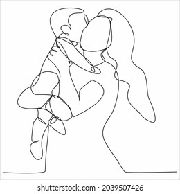 
Happy mother's day card. Draw one continuous line. Woman holding her baby. Vector illustration