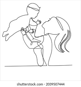 
Happy mother's day card. Draw one continuous line. Woman holding her baby. Vector illustration
