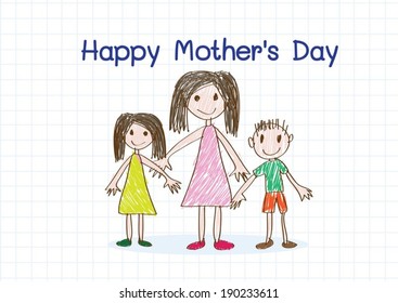 Happy mothers day card with family cartoons in  illustration