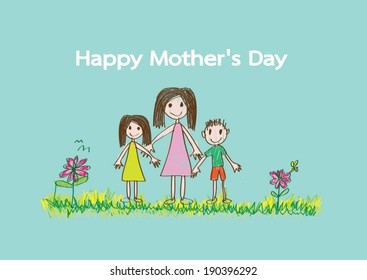 Happy mothers day card with family cartoons in illustration