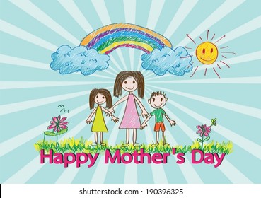 Happy mothers day card with family cartoons in illustration