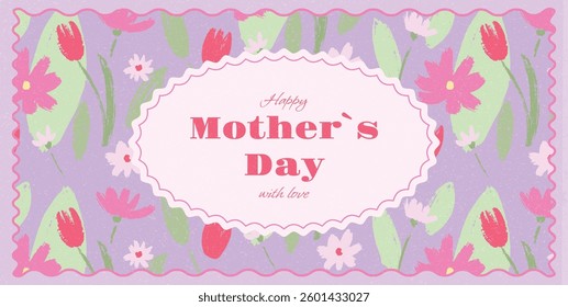Happy Mother's Day card with floral frame. Hand drawn tulips, daisies, and wildflowers on pastel background. Decorative greeting card template for spring celebration, ads, and posters.
