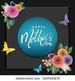 Happy Mother's day card, flower paper cut with butterfly on black background, vector illustration.