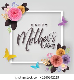 Happy Mother's day card, flower paper cut with butterfly on black background, vector illustration.