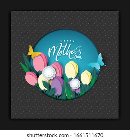 Happy Mother's day card, flower paper cut with butterfly on blue background, vector illustration.