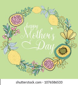 Happy Mother's day card with flowers and fruits. Editable vector illustration