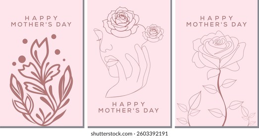 Happy Mother's Day Card With Flowers In Pastel Colors And Text. Minimalistic Modern Line Art. Vector Illustration Design For Banner, Poster And Social Media.