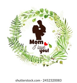 Happy Mother's Day card with green wreath. Mom and baby silhouette Greeting Card. Not AI. Vector illustration.