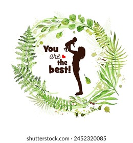 Happy Mother's Day card with green wreath. Mom and baby silhouette Greeting Card. Not AI. Vector illustration.