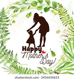 Happy Mother's Day card with green wreath. Mom and baby silhouette Greeting Card. Not AI. Vector illustration.