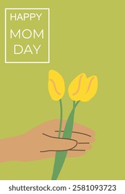 Happy mother's day card with hand holding yellow tulips on green background.