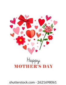 Happy Mother's Day card, heart with pattern of women's accessories and flowers. Beautiful greeting template for advertising poster or banner for Mothers Day. Vector illustration