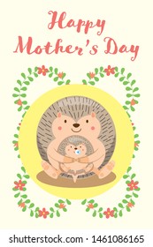 happy mother's day card, hedgehog family, cute animal cartoon