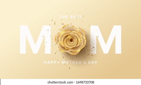 Happy Mother's Day card. Holiday greeting card with realistic 3d gentle flower with golden sand. Vector illustration with paper rose and gold confetti.