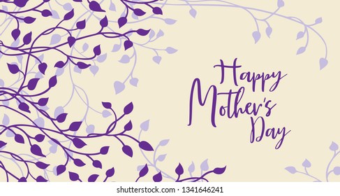 Happy Mother's day card. Ivy and vines in purple on a yellow background with a pretty of leaves climbing up the side border in a floral nature vector pattern