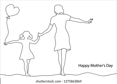 Happy Mother's Day card. Mom and daughter walking together. Continuous line drawing. Simple linear design for covers, banners, posters.