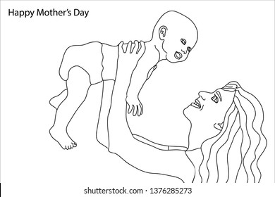 Happy Mother's Day card. Mom and baby together. Continuous line drawing. Simple linear design for covers, banners, posters.