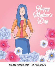 happy mothers day card with mom and flowers vector illustration design