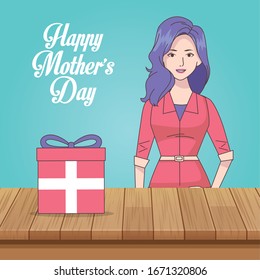 happy mothers day card with mom and lettering vector illustration design