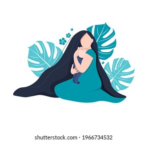 Happy Mother's Day card. Mom gently hugs her baby. Vector illustration with beautiful woman and child. The biological connection between mother and child.