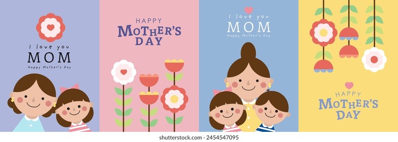 Happy mother's day card with mom, cute daughter, son and lovely flower. -Vector