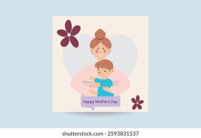 Happy Mother's Day Card with Mom and Son Hugging Cute Floral Vector Illustration for Holiday Greeting