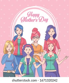 happy mothers day card with moms and lettering vector illustration design