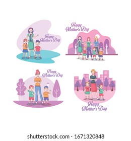 happy mothers day card with moms and kids vector illustration design