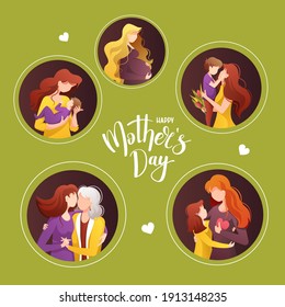 Happy Mother's Day card . Moms with their child, pregnant woman. Calligraphy and hand drawn lettering. Vector illustration for card, postcard, poster, banner.