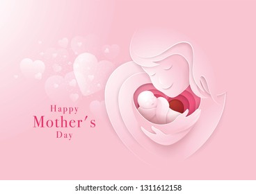 Happy Mothers Day card, Mother holding newborn baby, First Love My mom, Hug Hand in Heart Shape, Abstract Heart Background, Paper art vector