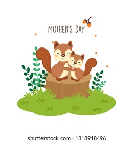 Happy Mother's day card. Mother squirrel hugging her baby.