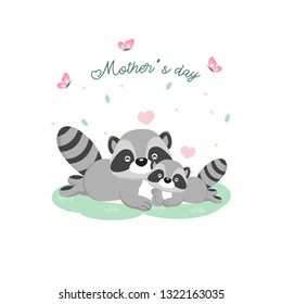 Happy Mother's day card. Mother raccoon hugging her baby.