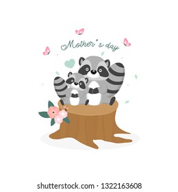 Happy Mother's day card. Mother raccoon hugging her baby.