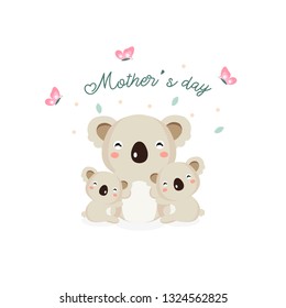 Happy Mother's day card. Mother Koala hugging her baby.